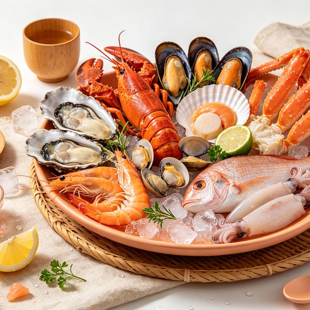 Fresh seafood on ice, packed for delivery